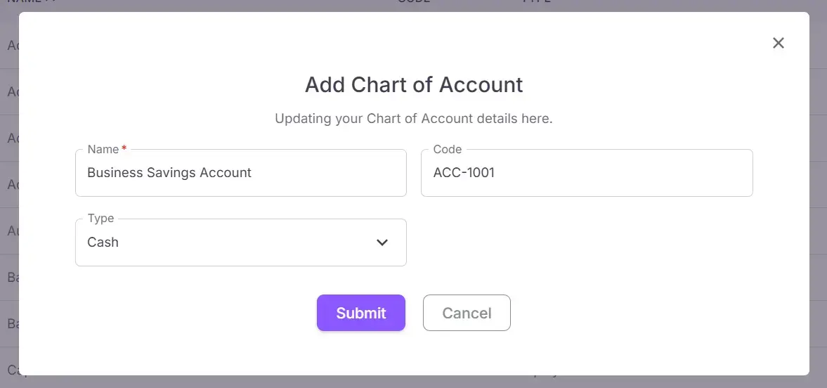 Charts of accounts form