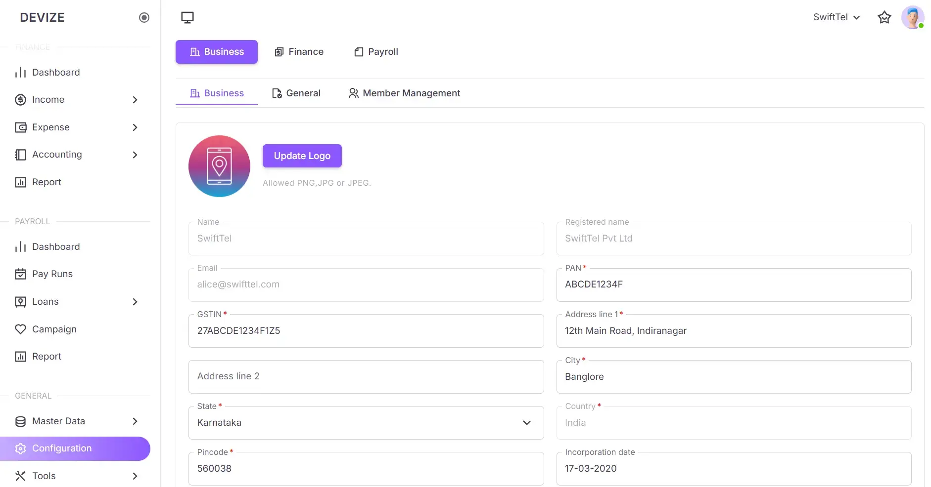 Business edit tab