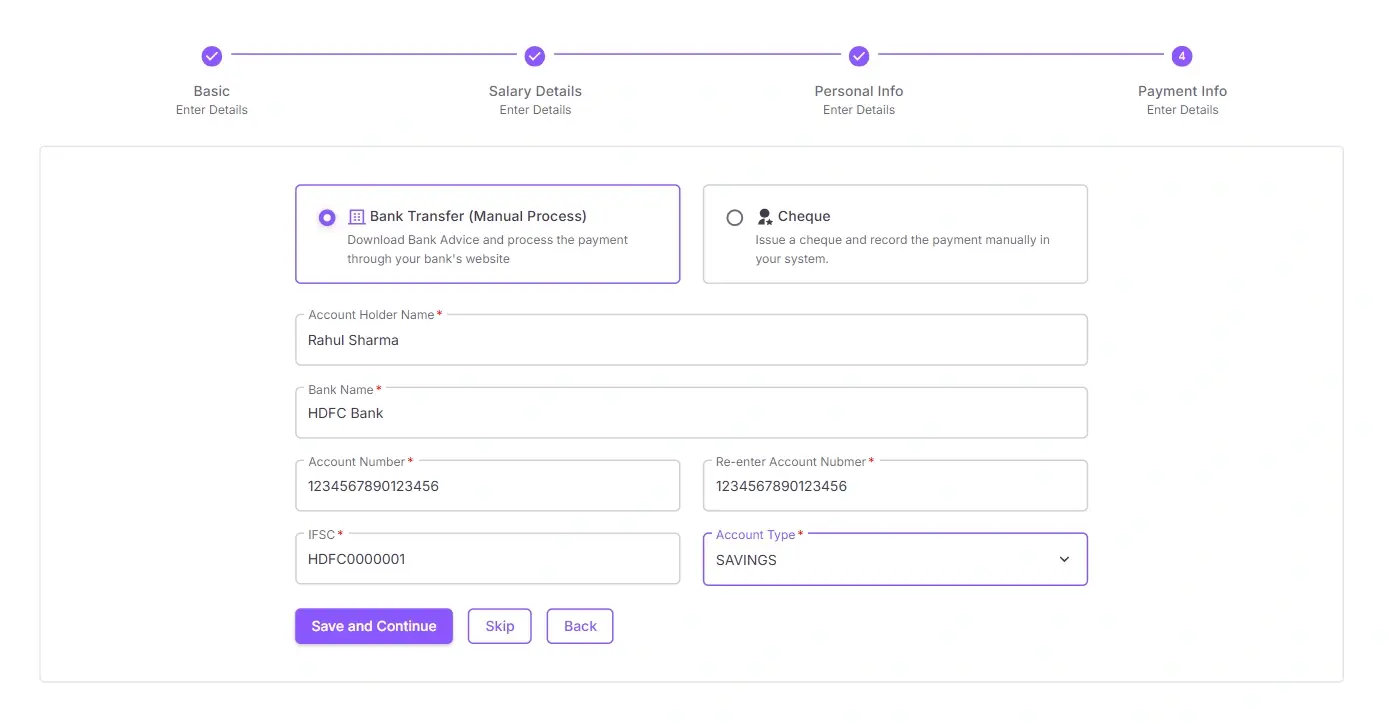 Employee payment info form