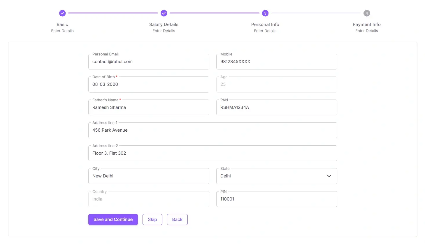 Employee personal info form