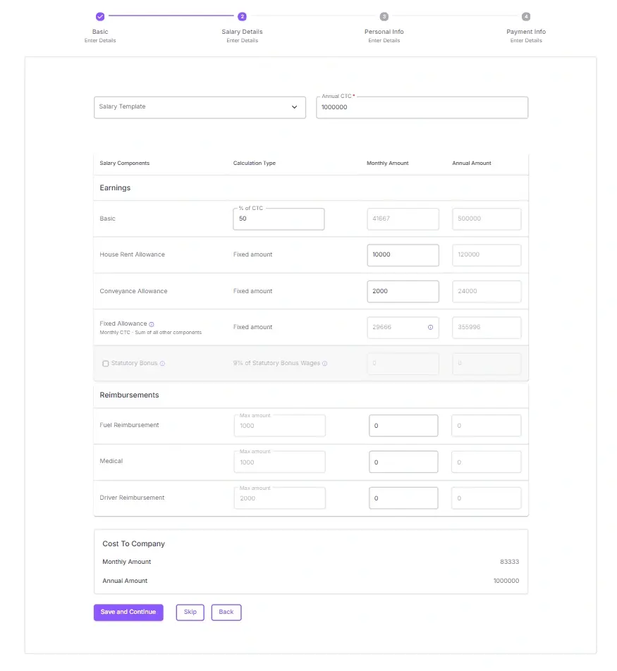 Employee salary details form