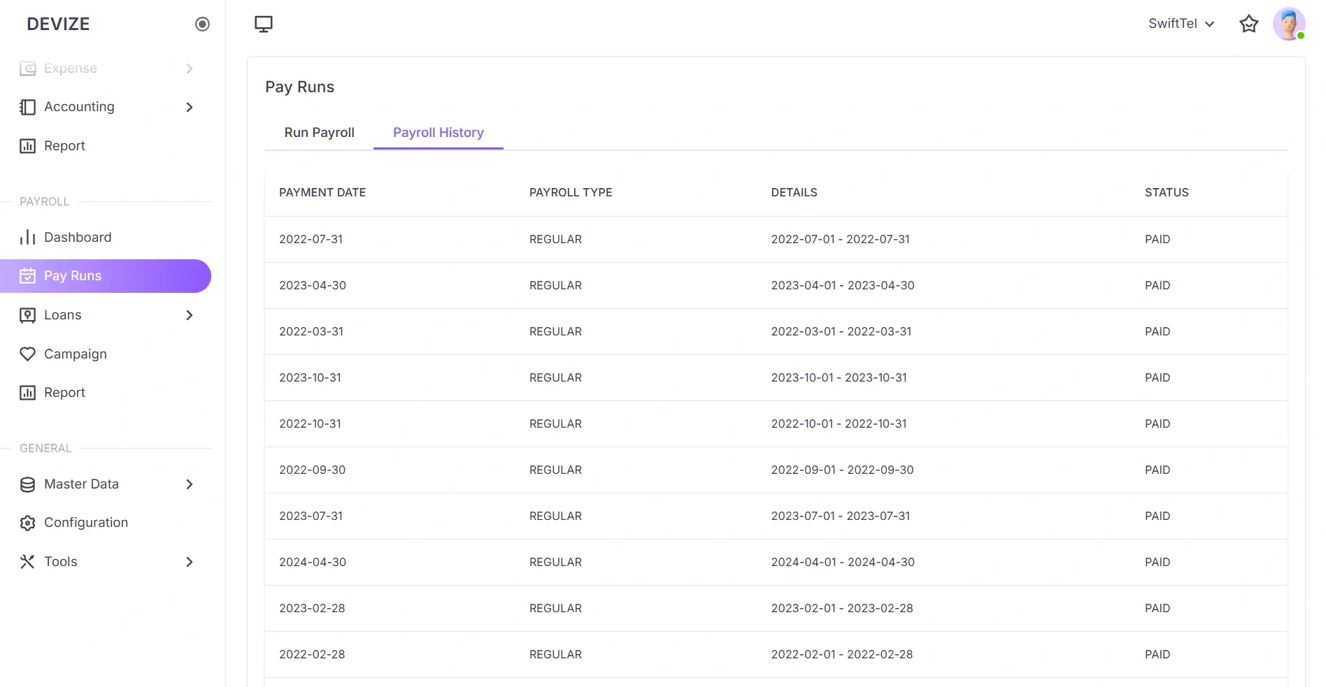 Pay run history list
