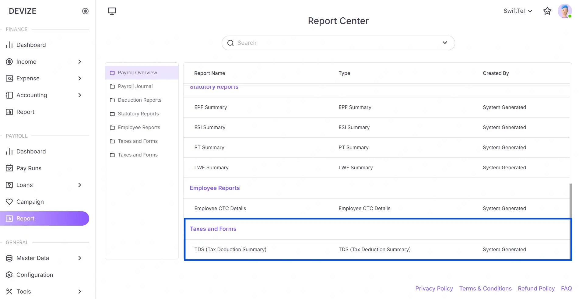 Taxes and forms report