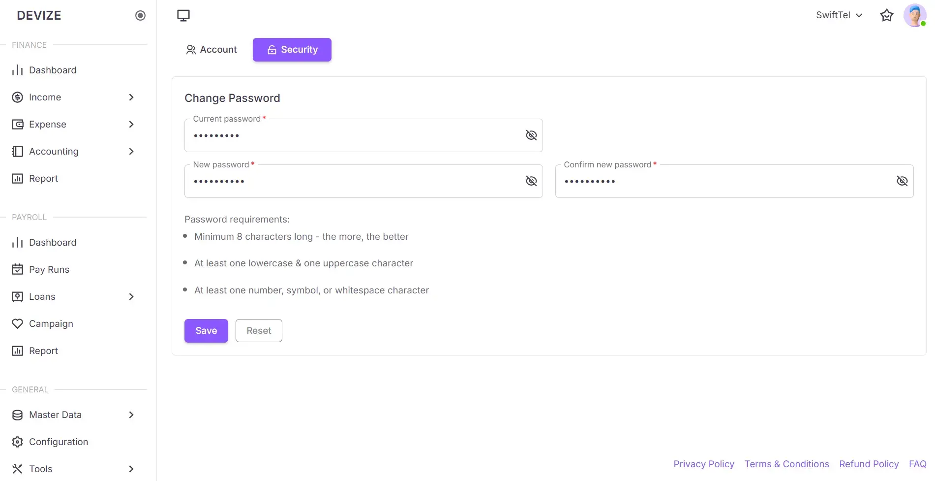 Password update tab