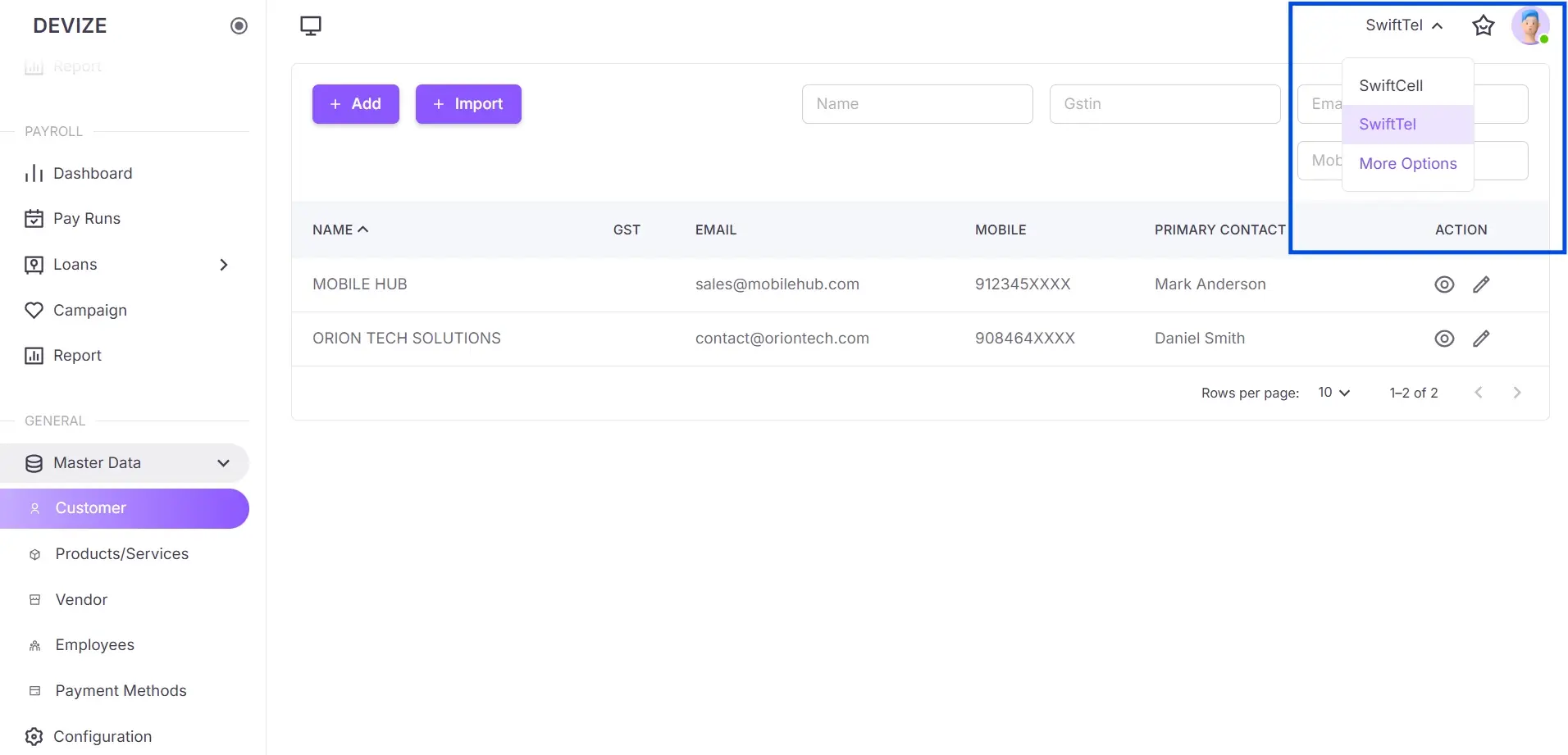 Business switching menu