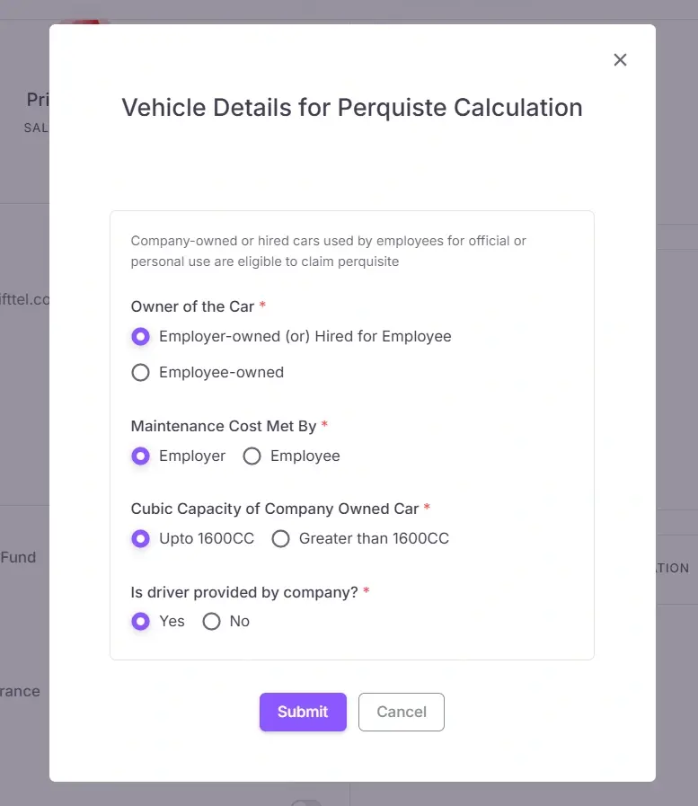 Vehicle perquisite form