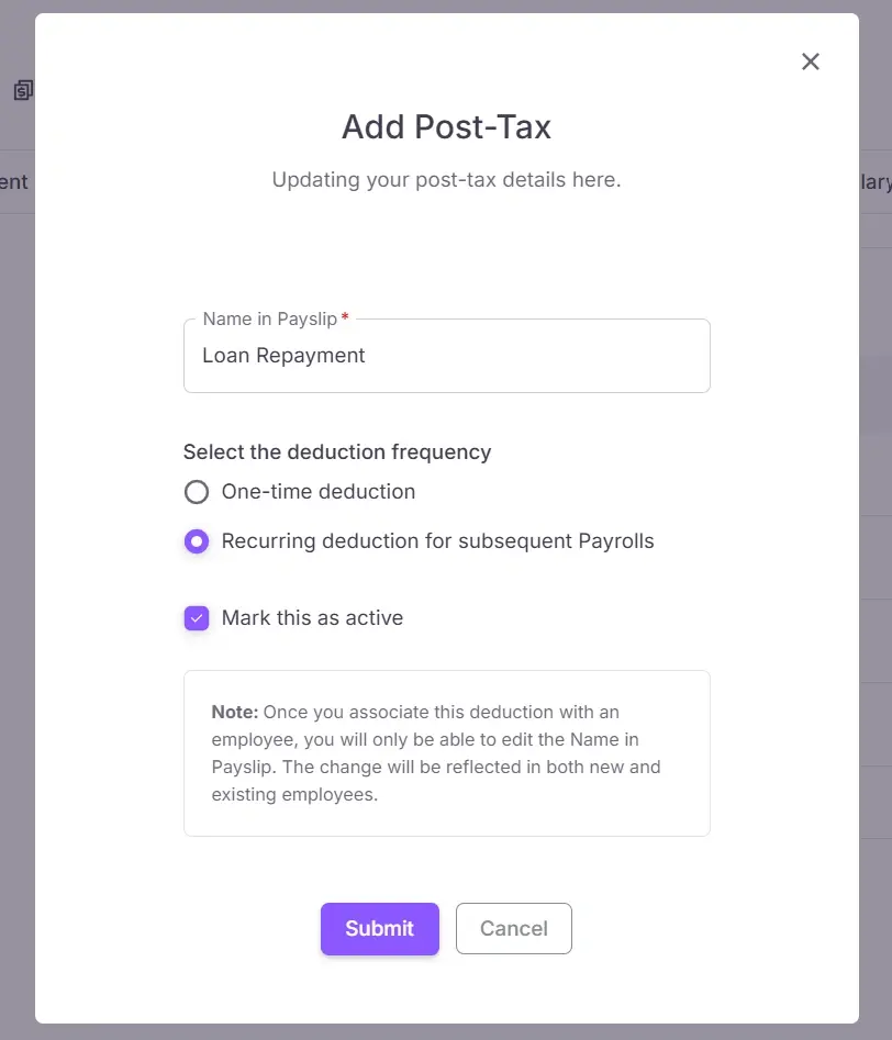 Post-tax deduction form